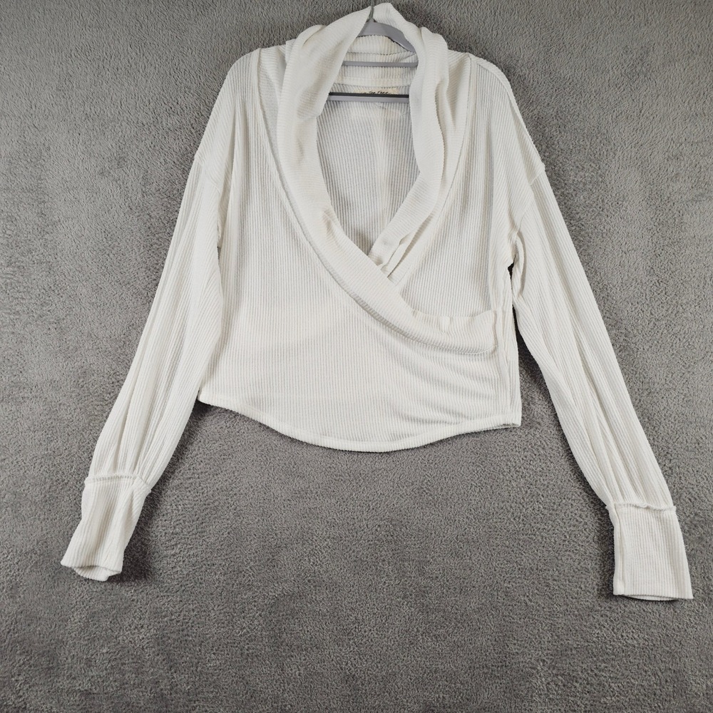 We The Free Free People Ivory Ribbed Wrap Surplice Top Large Soft Minimalist L